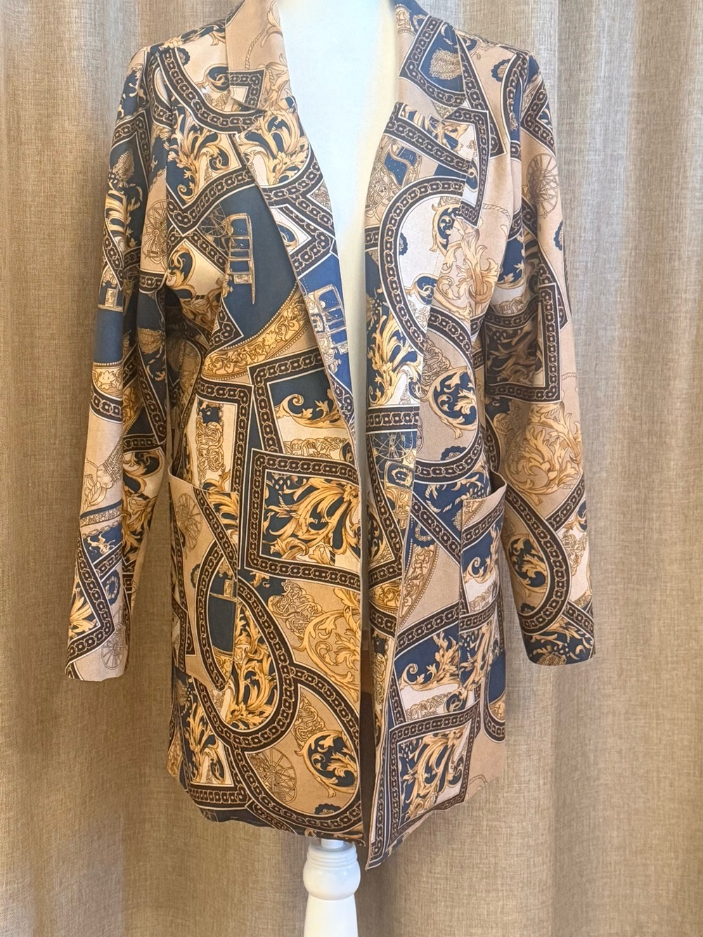 Tempo Paris Beige, Navy & Gold Printed Open-Front Blazer